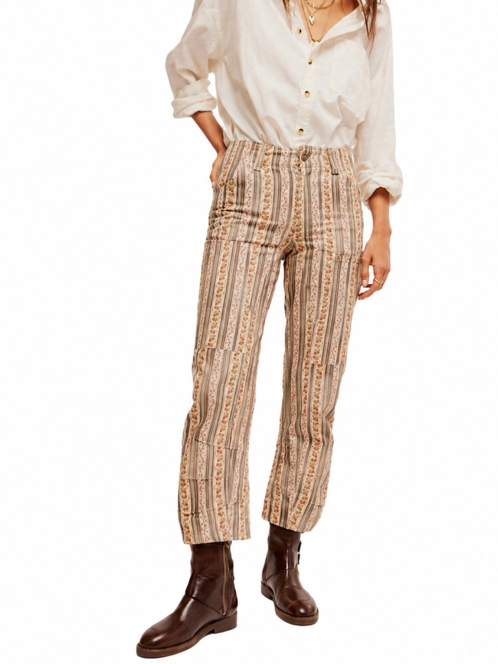 Free People Supersonic Printed Slim Farmhouse Pants-High Rise Grey Combo-Size 6